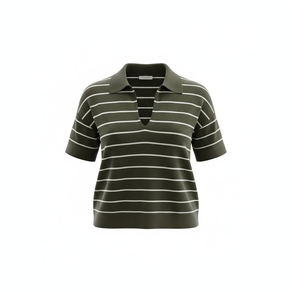 Max Studio Women’s Cropped Knit Sweater Lg Olive Green Stripe Polo Short Sleeve